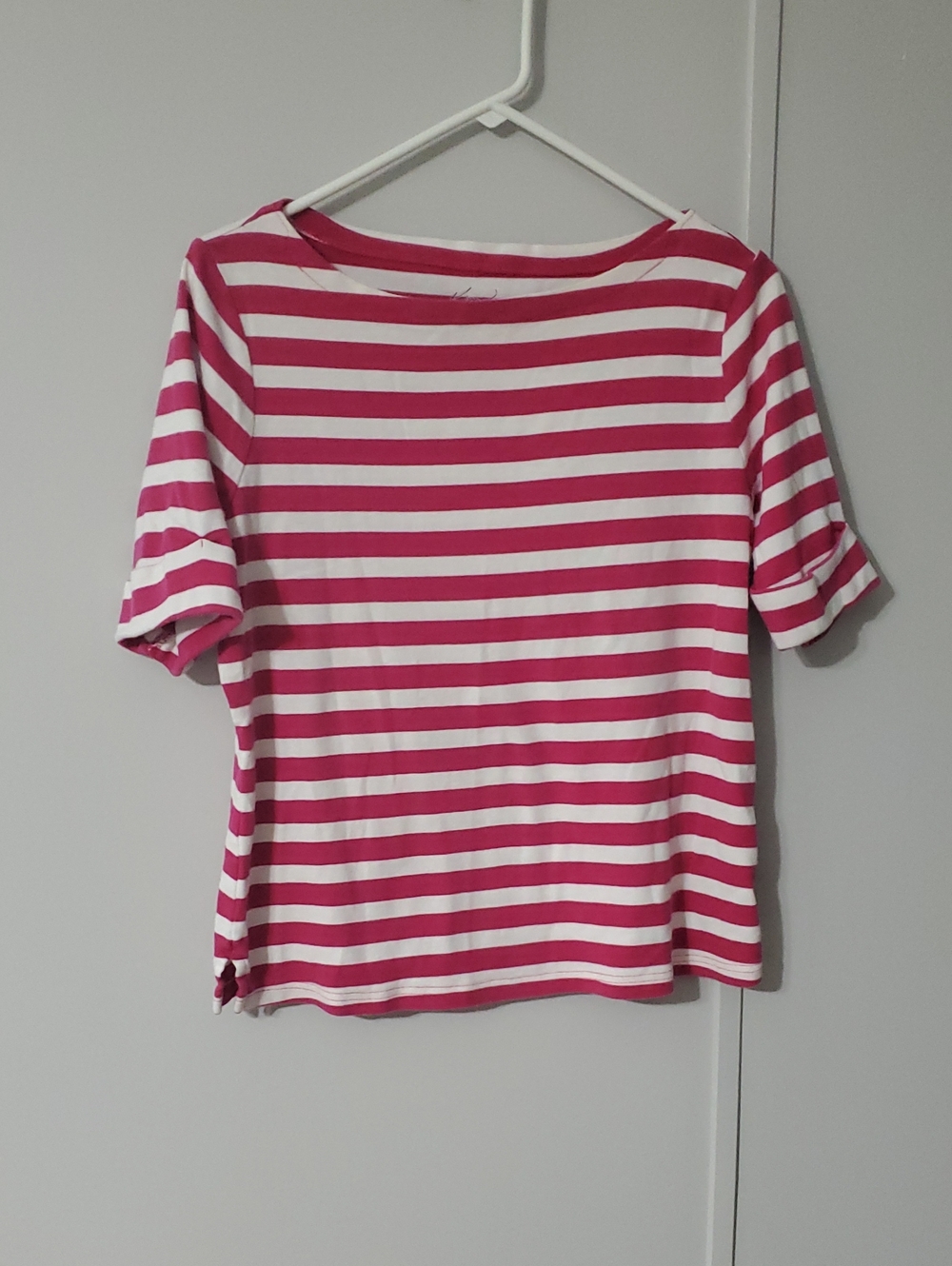 Kim Rogers Pink and White Striped Short Sleeve Top